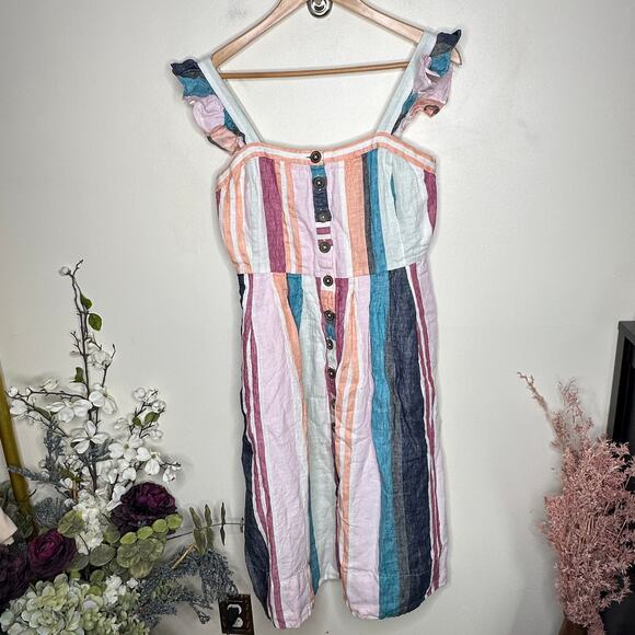 J. CREW Linen Button Up Midi Dress Mixed Stripe Sz 2 Multi {G38} - Picture 3 of 7